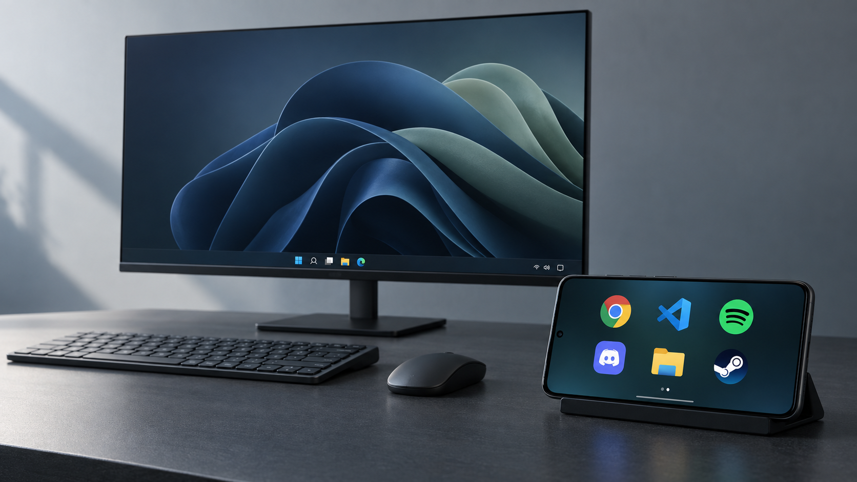 A Windows desktop with a landscape phone beside the keyboard, showing six large app icons in WinDock.